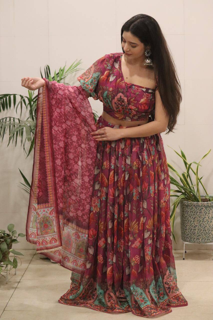 Rich wine KR 120 Organza Lehenga choli suppliers in Andhra Pradesh